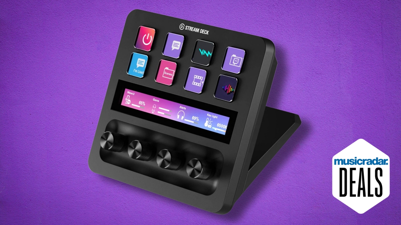 An Elgato Stream Deck + on a purple background