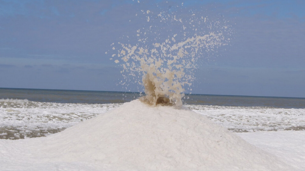 A so-called ice volcano erupting on Oval Beach in Michigan