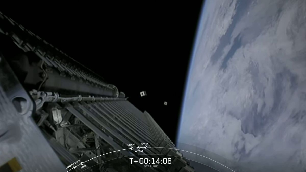 Planet's SkySat Earth-imaging satellites separate from SpaceX's Starlink stack in this view captured after launch on June 13, 2020.