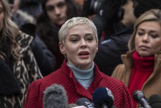 Actress Rose McGowan speaks with members of the media after former Weinstein Co. Co-Chairman Harvey Weinstein arrives at state supreme court in New York, U.S., Monday, Jan. 6, 2020. Weinstein's criminal trial, on five felony counts, including predatory sexual assault and rape, is scheduled to begin on Monday in state court in Manhattan. Jury selection could last two weeks, the trial six more. Photographer: Victor J. Blue/Bloomberg via Getty Images