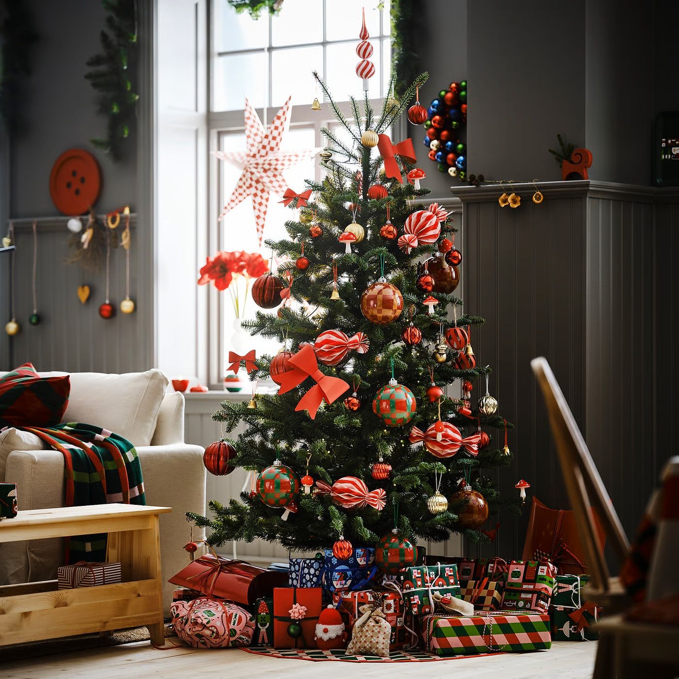 christmas tree decorated with oversized baubles by IKEA