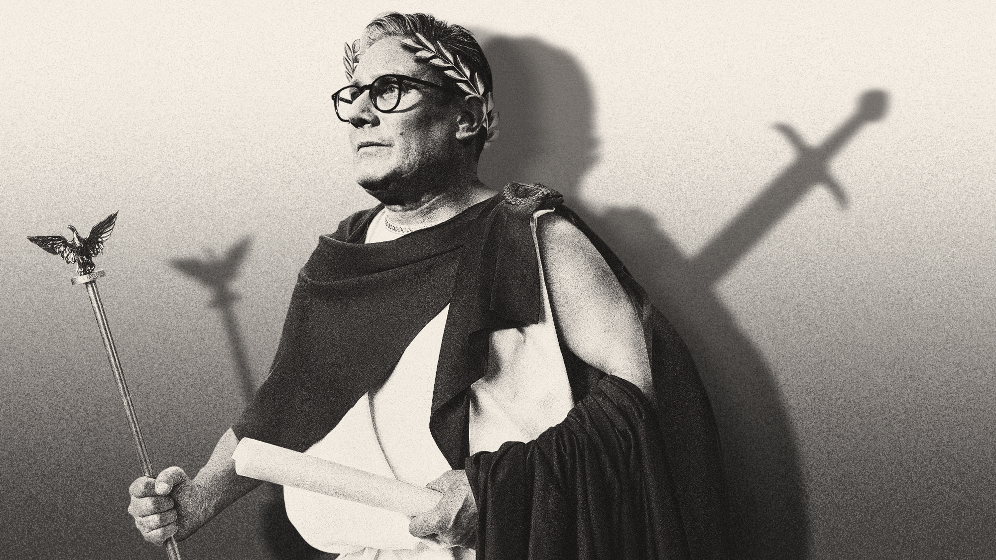 Illustration of Keir Starmer dressed as Caesar with the silhouette of a blade in his back