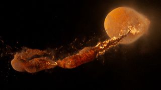 The simulation screenshot shows a stream of ejected material created by a giant impact coalesces into the body that would become the moon.