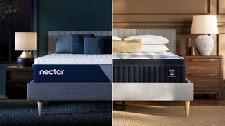 Composite image showing the Nectar Premier Hybrid mattress and the DreamCloud Premier Hybrid mattress, both on beds in bedrooms
