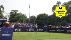 Rory McIlroy tees off at the DP World India Championship and a yellow Inside The Ropes sticker in the top-right