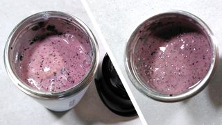 Blueberry and kale smoothie made using Nutribullet Flip blender after one cycle (with chunk of banana visible) and two cycles (with no chunks)