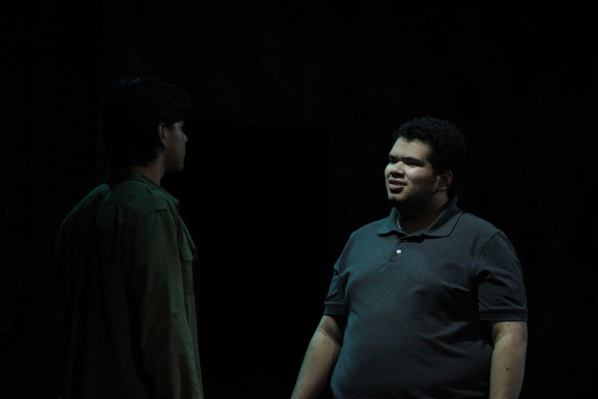 Two men having a conversation in pitch dark environment in Silent Hill 2 stage adaptation Our Special Place