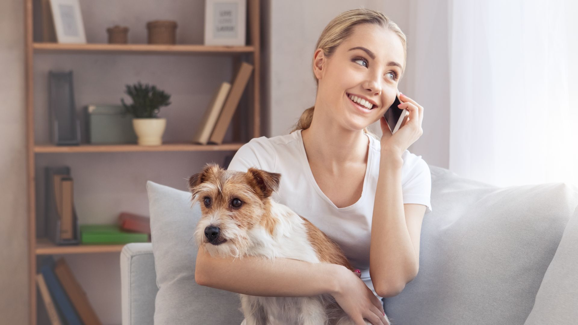 woman on phone with terrier on knee