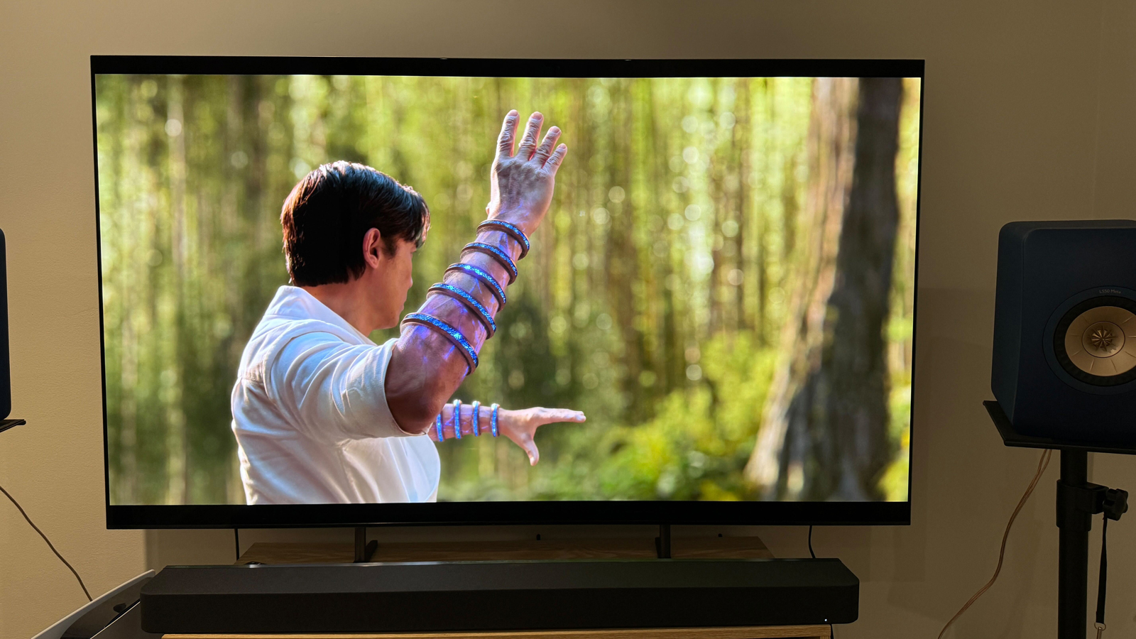 Scene from Shang Chi and the Legend of the Ten Rings shown on a Sony Bravia 8 TV