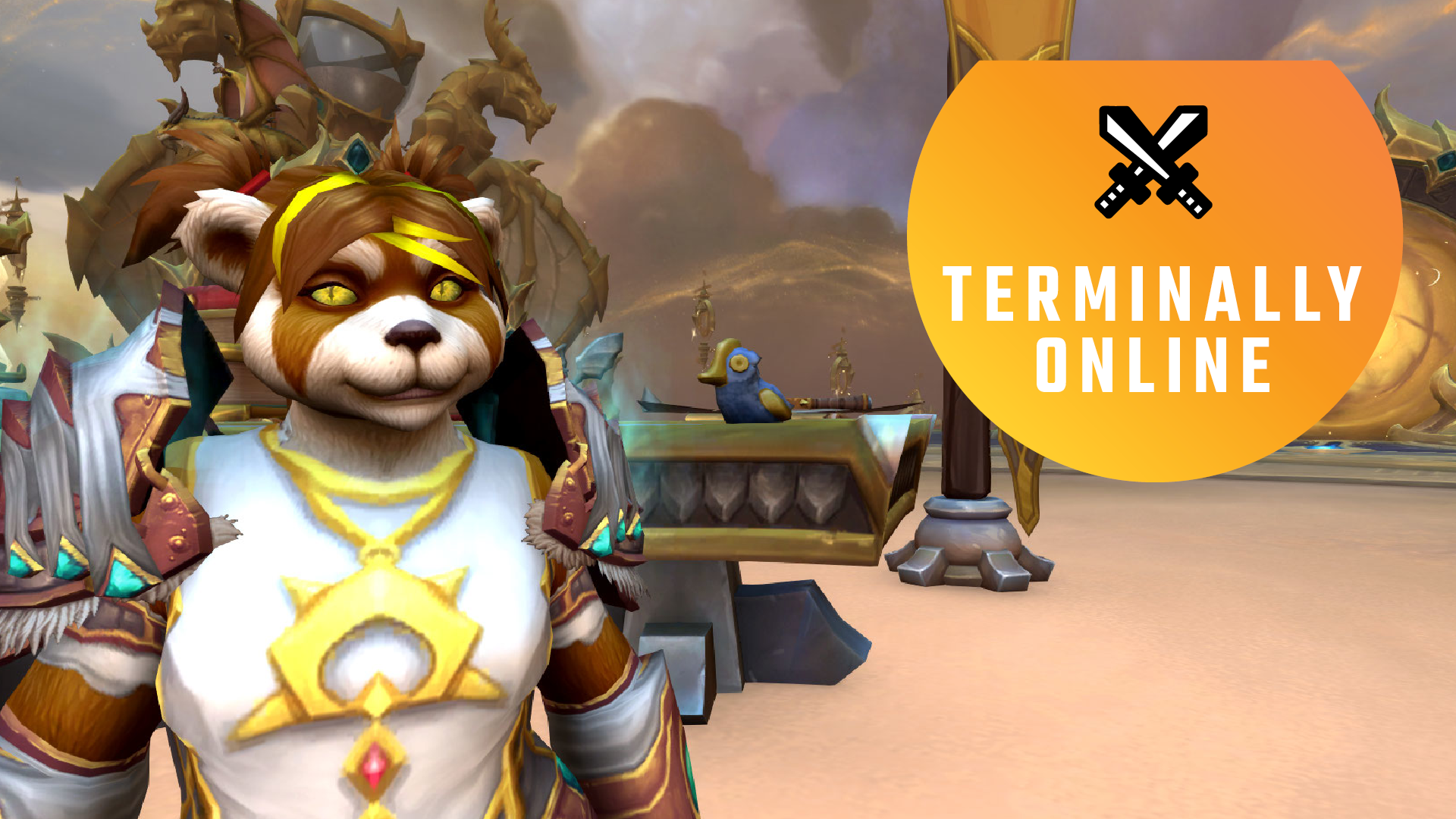A pandaren standing in the Mythic+ portal for World of Warcraft, with the Terminally Online logo imposed over it.