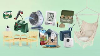 Gardening products on green gradient background