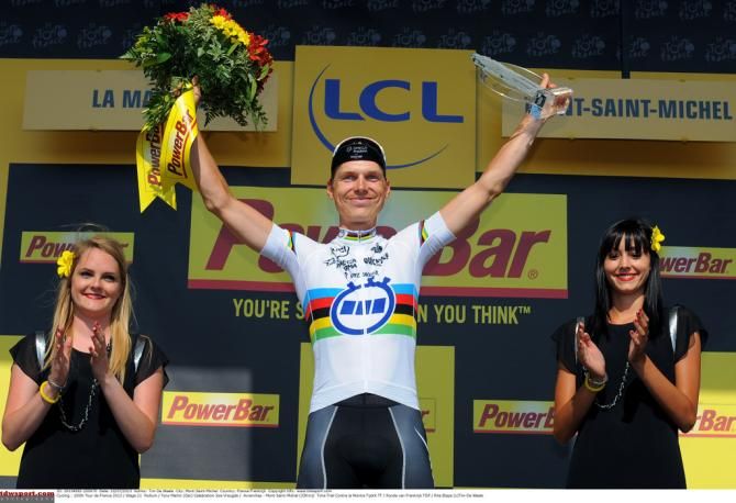 Time trial world champion Tony Martin celebrates stage 11 victory