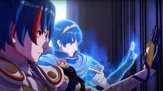 Fire Emblem Engage: Marth and Alear opening a door