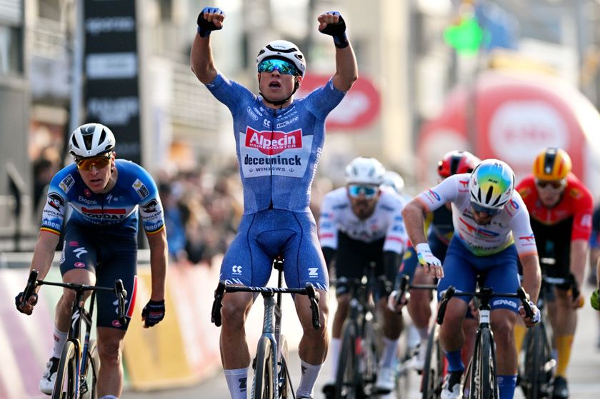 DE PANNE BELGIUM MARCH 20 Jasper Philipsen of Belgium and Team AlpecinDeceuninck celebrates at finish line as race winner ahead of Tim Merlier of Belgium and Team SoudalQuick Step and Jason Tesson of France and Team TotalEnergies during the 48th Classic BruggeDe Panne 2024 Mens Elite a 1989km one day race from Brugge to De Panne UCIWT on March 20 2024 in De Panne Belgium Photo by Luc ClaessenGetty Images