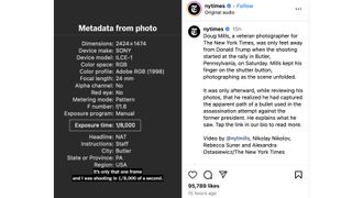 Una captura del feed de Instagram de The New York Times que muestra los datos EXIF de una cámara utilizada para fotografiar una imagen del presidente Trump en un mitin