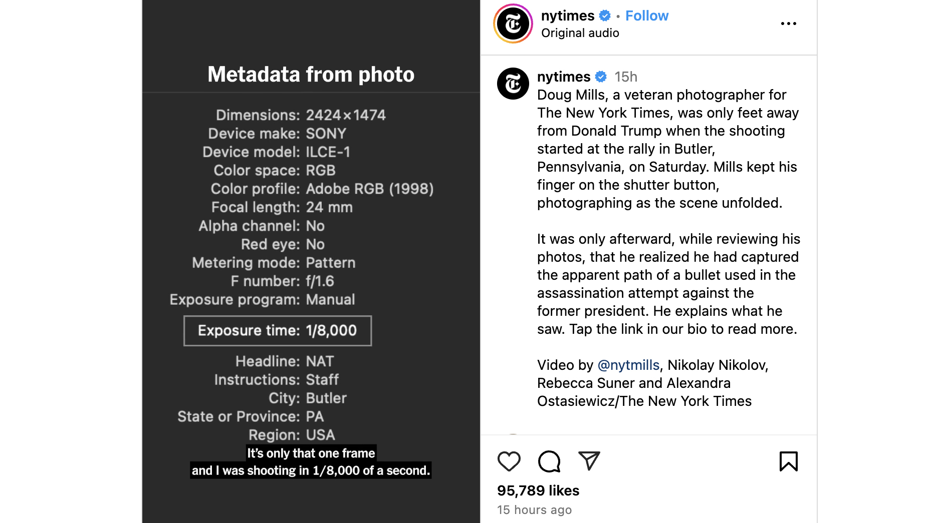 A still from The New York Times Instagram feed showing the EXIF data from a camera used to photograph an image of President Trump at a rally