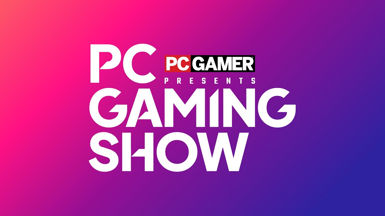 A vibrant pink and purple with the words "PC Gamer Presents: PC Gaming Show" in the middle in bright, bold, white letters.