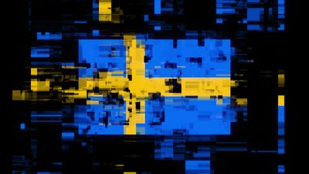 3D rendering flag Sweden with screen effects of technological failures