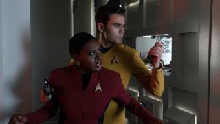Celia Rose Gooding's Uhura and Paul Wesley's Kirk in Star Trek: Strange New Worlds