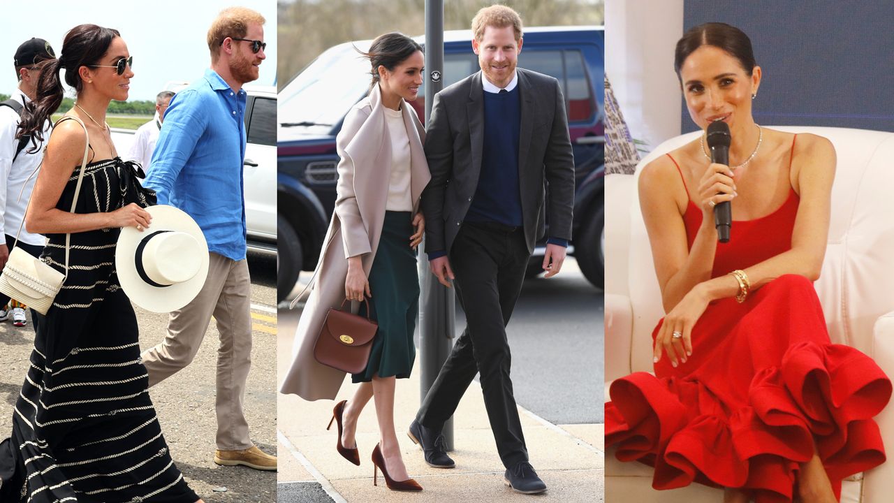 A photo of Meghan Markle wearing a black dress carrying a straw hat on the left, a photo of Meghan Markle wearing a green skirt and taupe coat walking next to Prince Harry in the center and a photo of Meghan Markle wearing a red ruffled dress speaking into a microphone on the right