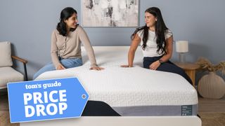 Two mattress testers sit on the Nectar Premier Memory Foam Mattress on a bed frame in our testing studio. A Tom's Guide Price Drop deals badge in the bottom left corner
