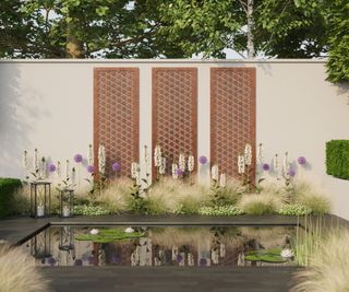 A contemporary pool with water lilies and a white wall with decorative panels