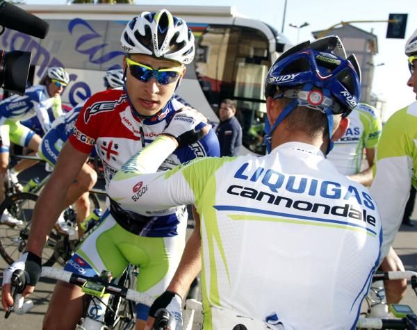 Sagan is congratulated by a teammate