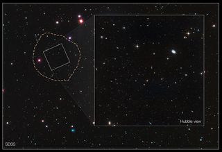 The wide image shows dwarf galaxy Leo IV and the surrounding neighbourhood. The dotted line marks the galaxy’s boundaries, measuring about 1100 light-years wide. The small white box outlines the Hubble Space Telescope’s view. Image released July 10, 2012.