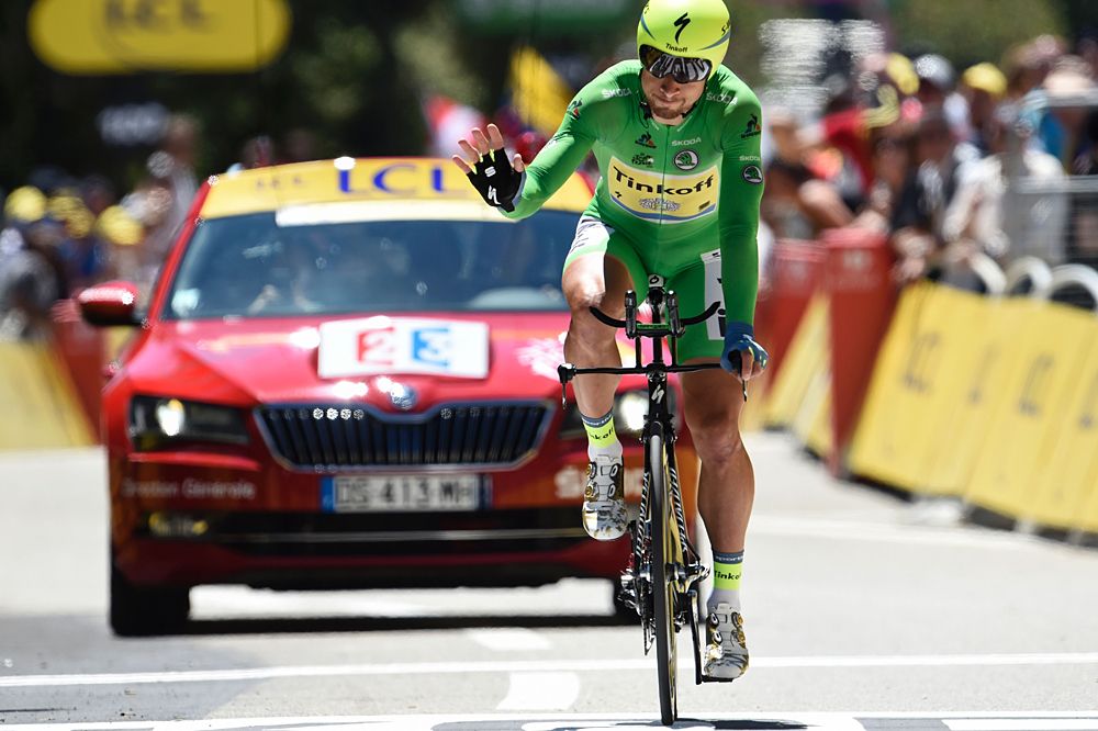 Peter Sagan (Tinkoff) in the Tour de France stage 13 time trial, wearing the points skin suit