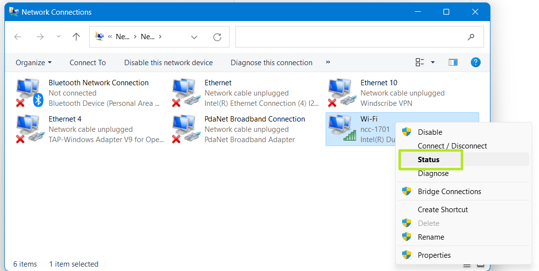 Select Status under Wi-Fi connection