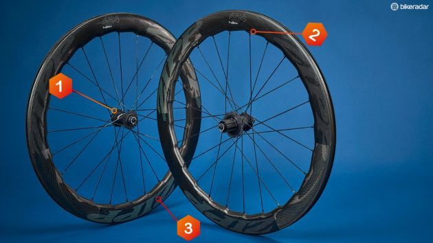 1 &ndash; the hub flanges also feature a Sawtooth profile; 2 &ndash; each rim has 24 raised nodes; 3 &ndash; the Impress graphics are printed on the rim