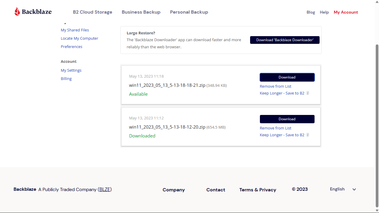 Backblaze cloud storage backup service interface running on a computer