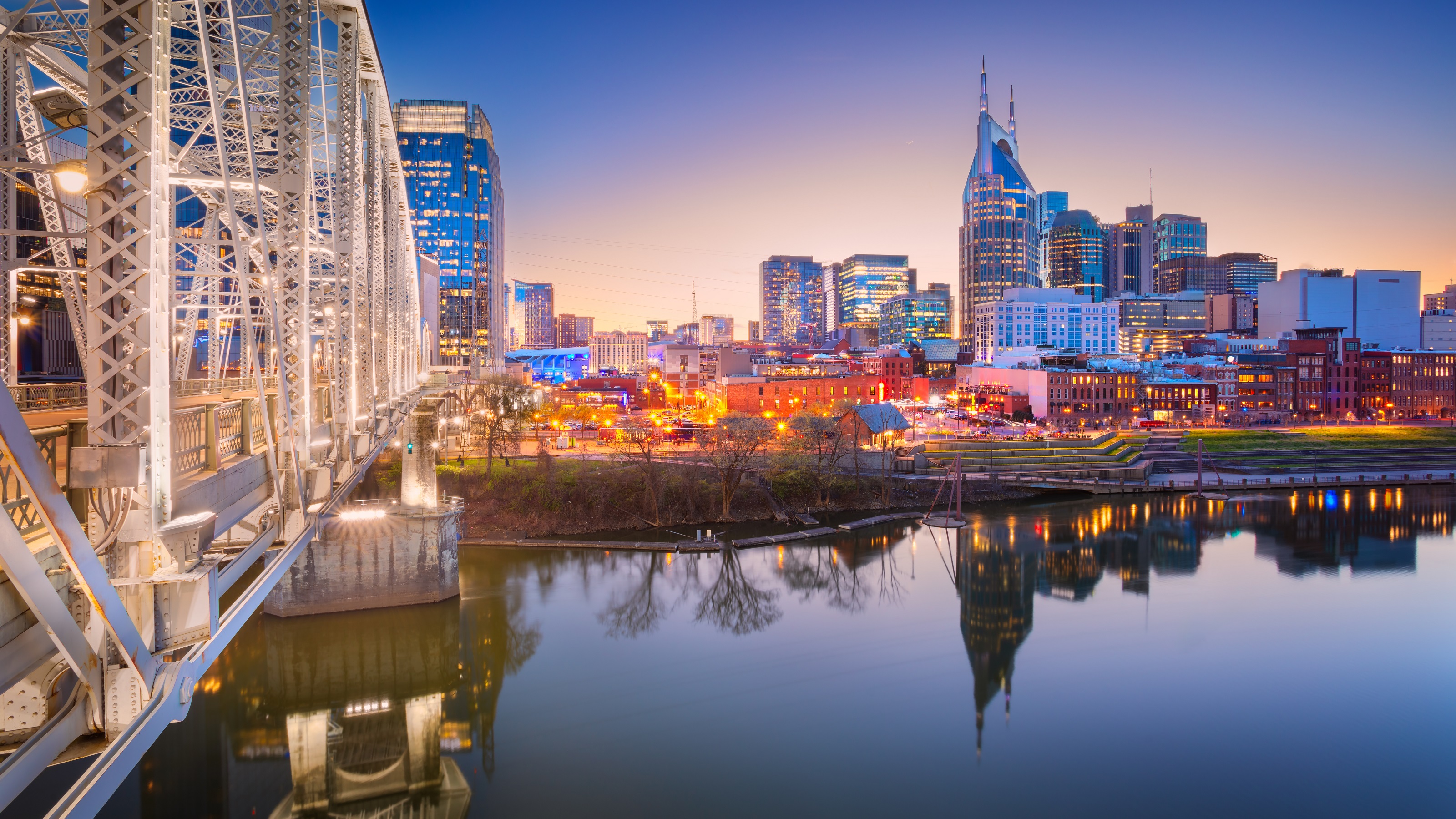 The skyline of Nashville at sunset.