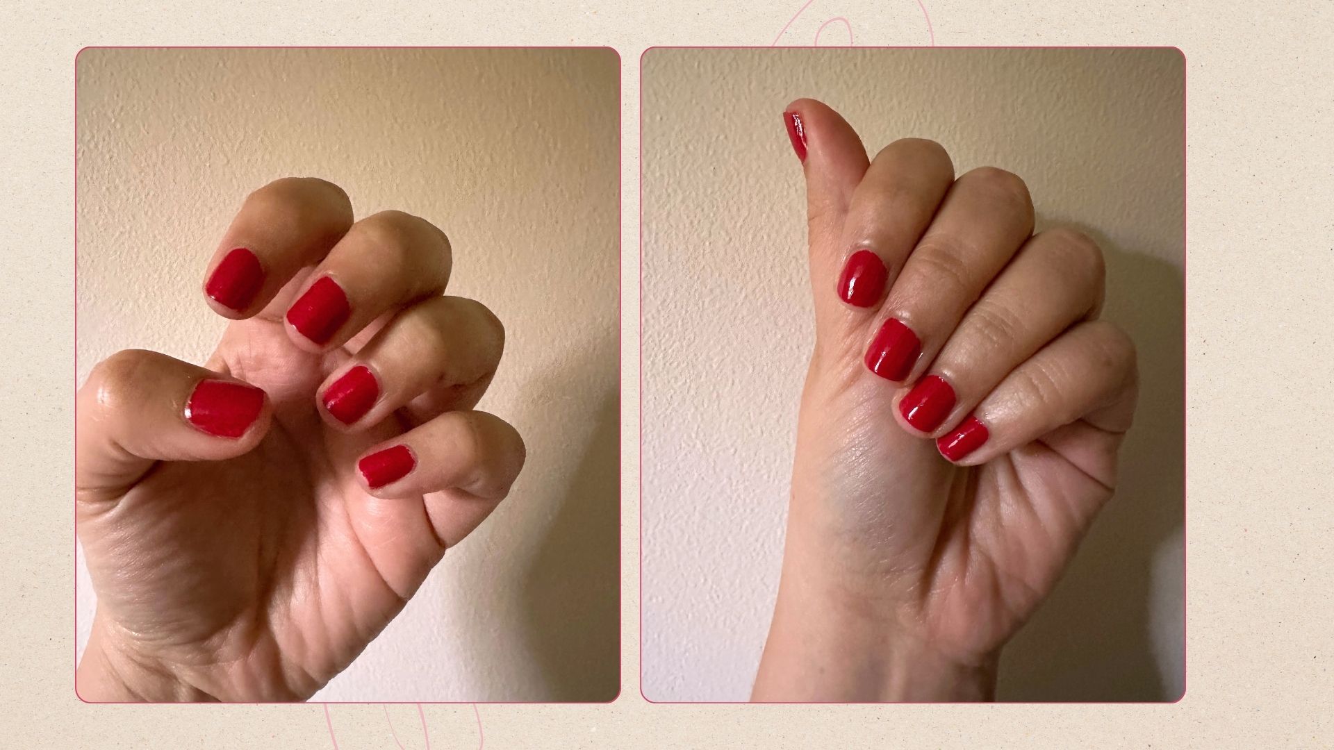 An image of dulling, chipping red nail polish alongside a refreshed, more shiny manicure to show the result before and after trying the nail polish trick