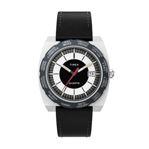 H Samuel , Timex World Time Reissue Black Dial & Black Leather Strap Watch