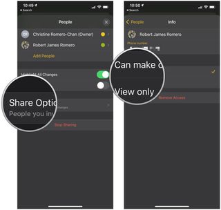 How to change permissions on a shared note on iPhone by showing: Tap Share Options, select whether you want the person to be able to make changes or view only