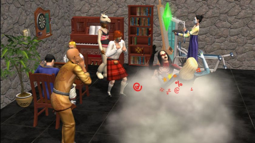 The Sims 2 screenshot of two sims fighting and onlookers cheering or booing for them