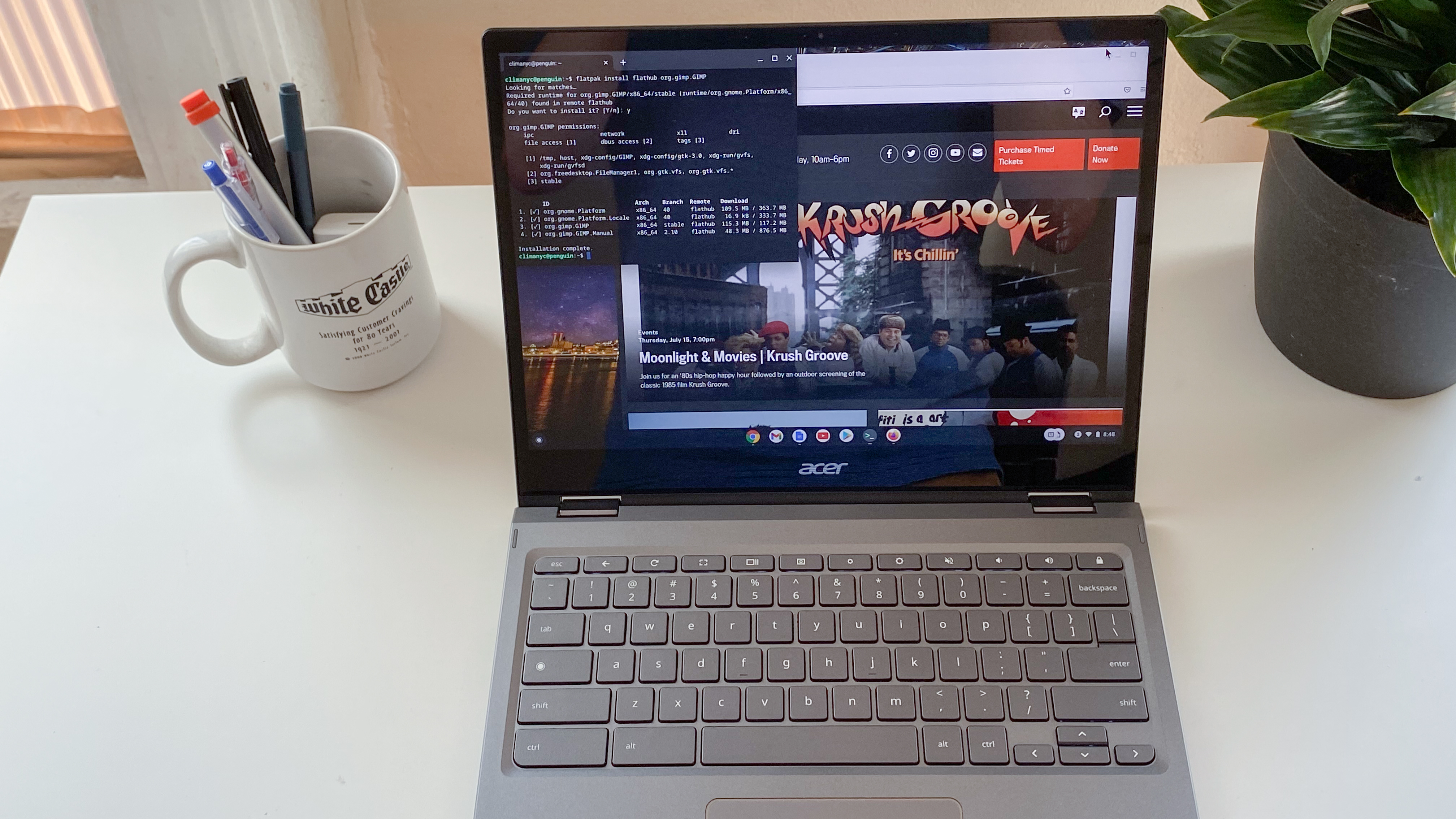 Acer Chromebook Spin 713 on a white desk next to a pen holder