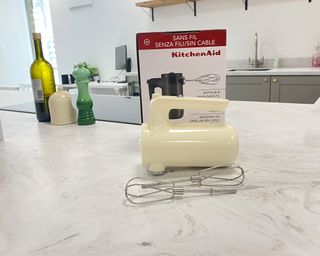 Image of KitchenAid cordless mixer during testing after unboxing
