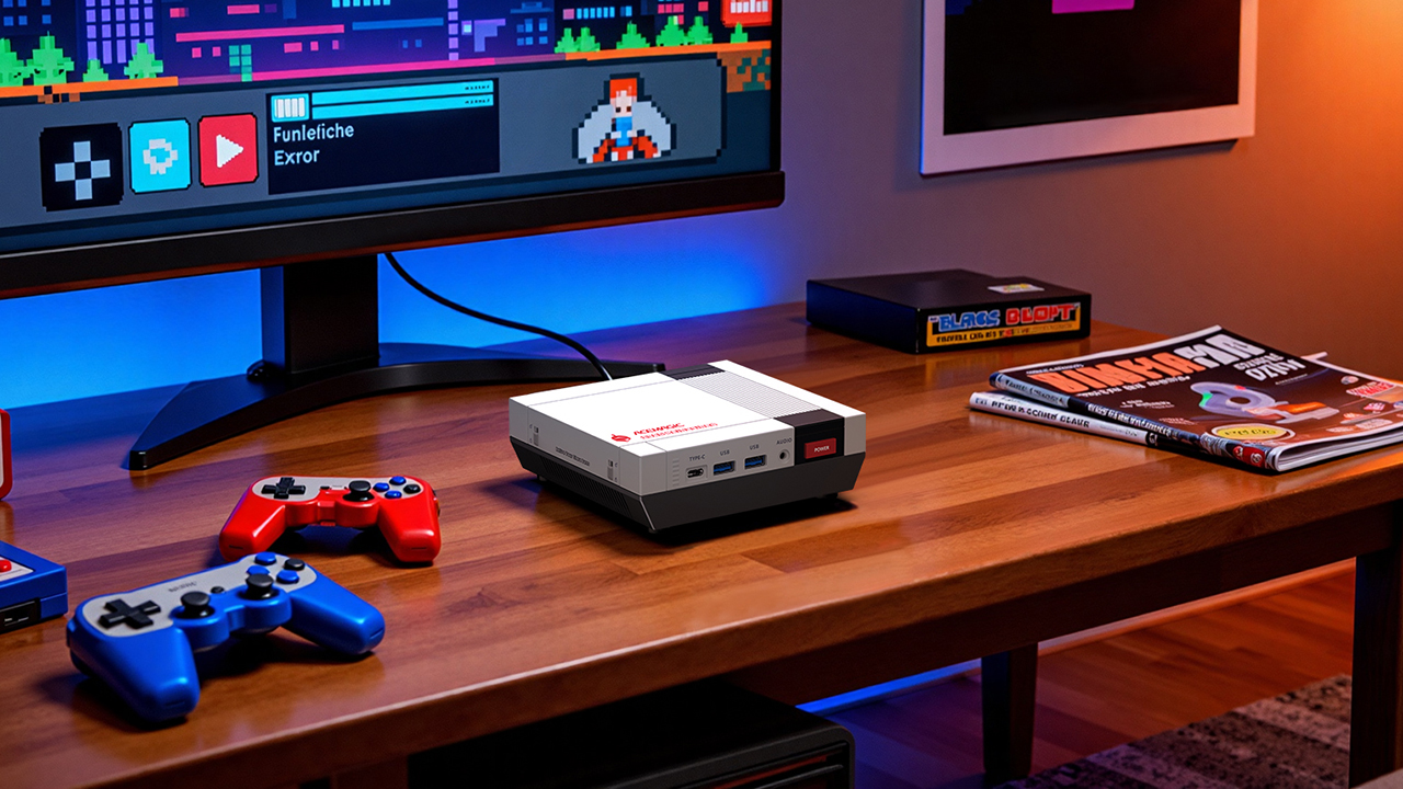 AceMagic Retro X5 mini PC on a desktop surrounded by games controllers