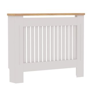 White radiator cover with natural wood shelf