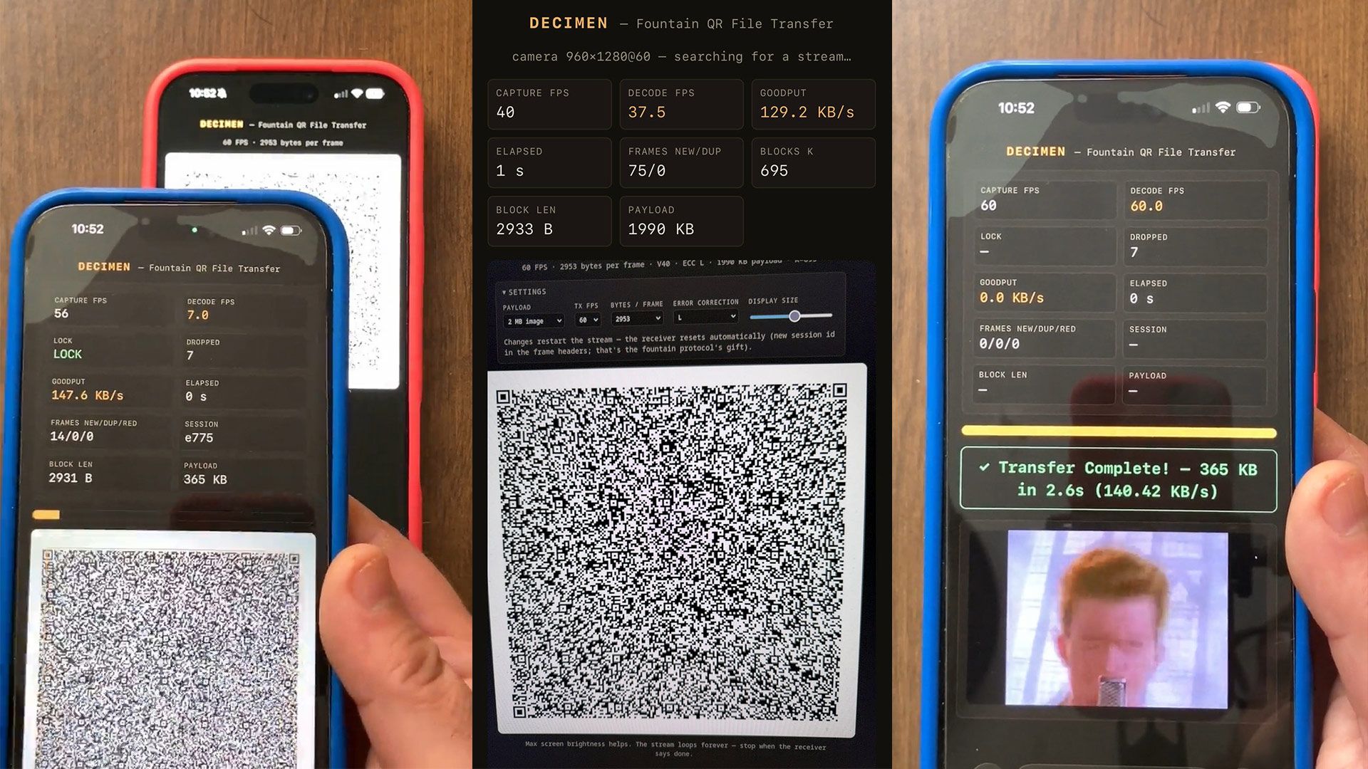 Streaming QR codes at 60 FPS achieves nearly 190 KB/s data rate in phone-to-phone tests — browser-based method requires no app, no networking, no pairing, and n Streaming QR codes at 60 FPS achieves nearly 190 KB/s data rate in phone-to-phone tests — browser-based method requires no app, no networking, no pairing, and n
