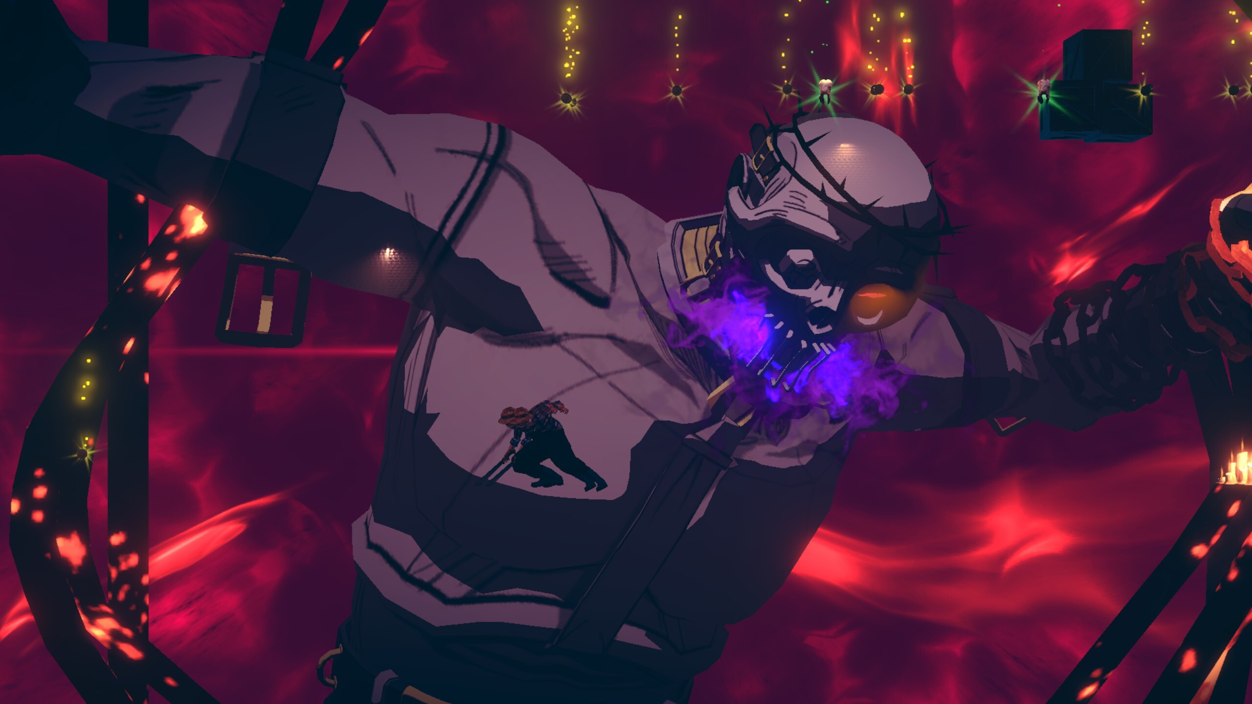 A screenshot from Hotel Barcelona showing a scary looking figure in shackles
