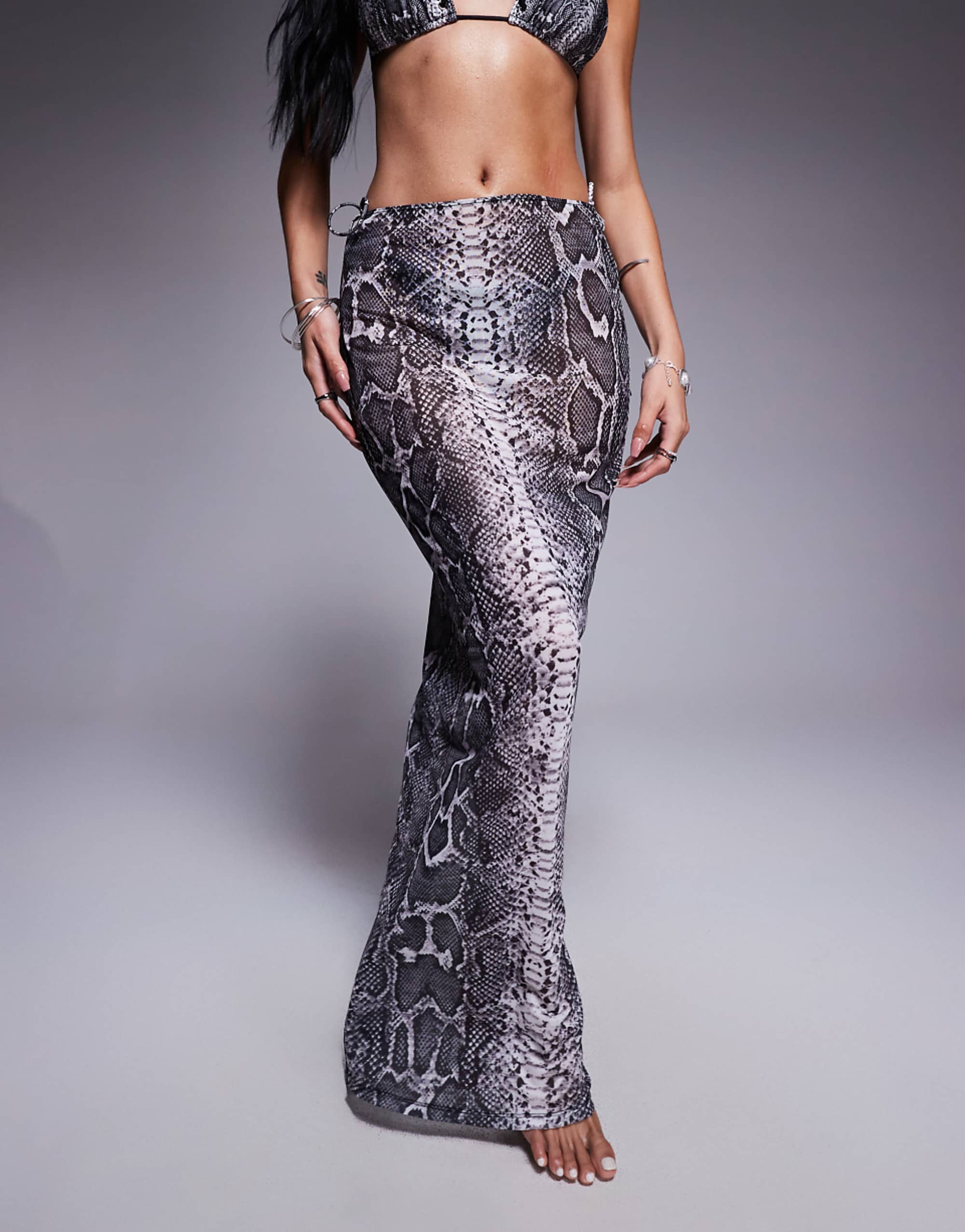 South Beach Snake Print Mesh Maxi Beach Skirt in Gray