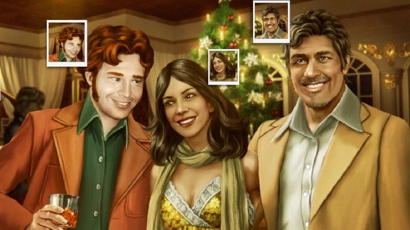 Close up of three people at a Christmas party in The Roottrees are Dead, with picture in picture close ups of each individual&#039;s head.