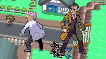Two characters stand back to back against a backdrop of a travel route - from Pokemon Diamond, Pearl, and Platinum's entry in The Story of Pokemon bookazine