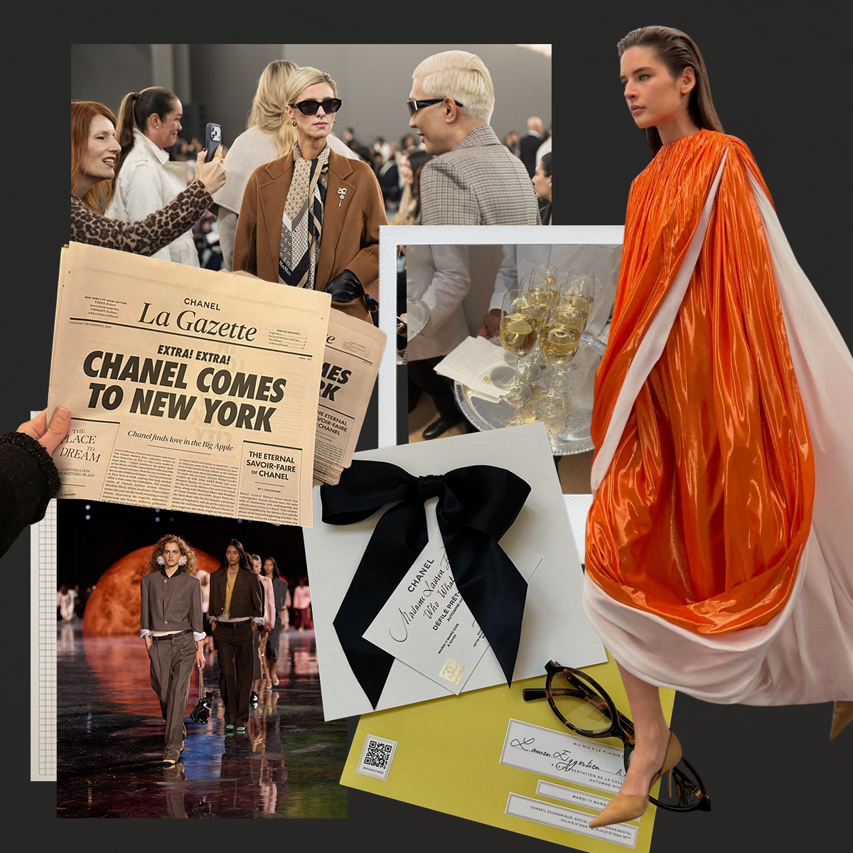 Photo collage of fashion insiders and runway show coverage.