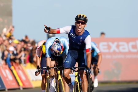 COL DU VAM NETHERLANDS SEPTEMBER 24 Christophe Laporte of France celebrates at finish line as race winner during the 29th UEC Road Cycling European Championships 2023 Elite Mens Road Race a 1998km one day race from Assen to Col du VAM UCIWT on September 24 2023 in Col du VAM Netherlands Photo by Bas CzerwinskiGetty Images