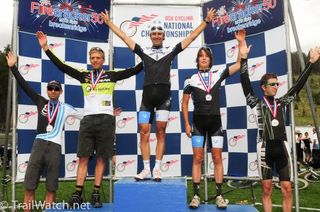 The men's podium (l-r): Burke Swindlehurst, Dave Weins (Topeak Ergon), Jeremy Horgan-Kobelski (Subaru-Trek), Sam Schultz (Subaru-Trek), Jeremiah Bishop (Cannondale).