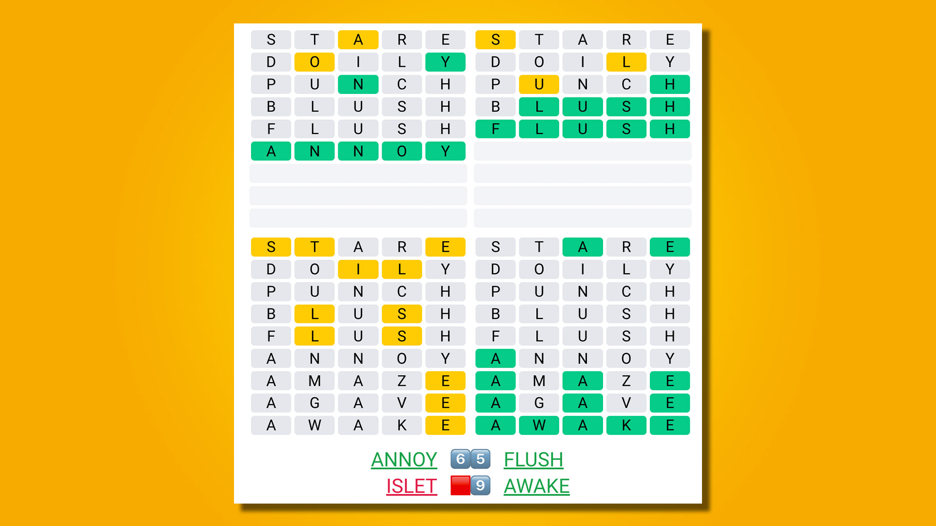 Quordle 406 answers on a yellow background